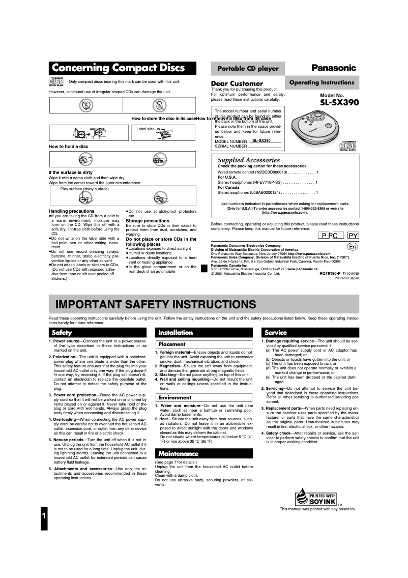 Page 1 of the manual User Manual Panasonic SL-SX390
