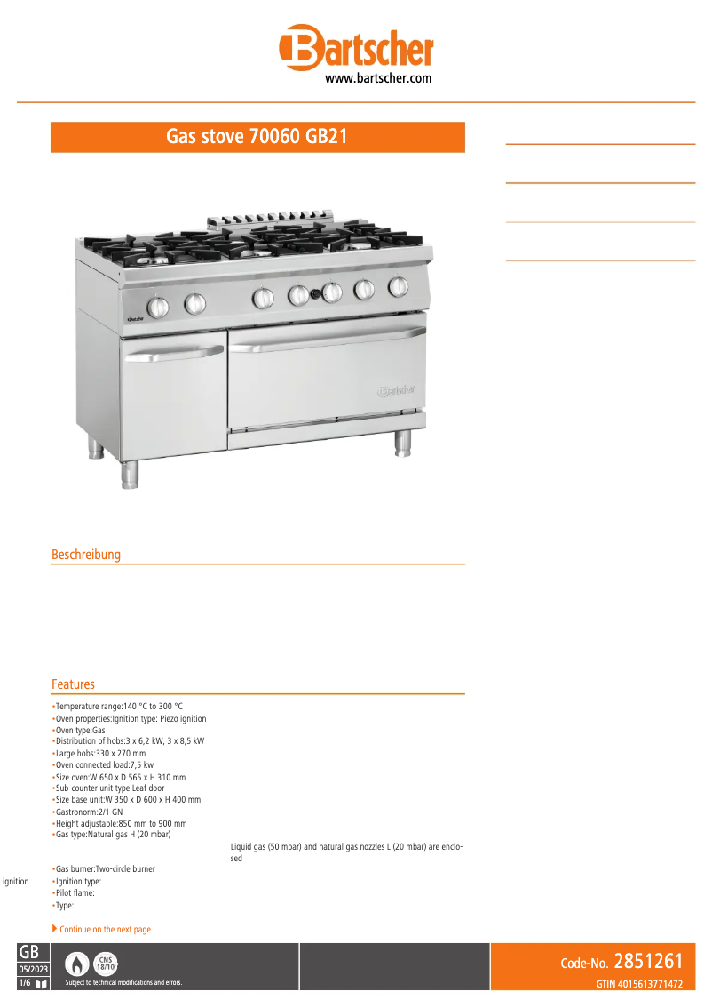 Page 1 of the manual Technical Sheet Bartscher 2851261