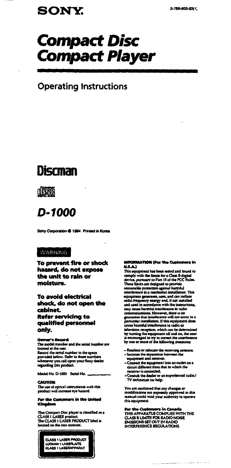 First page image of the manual for Discman D-1000