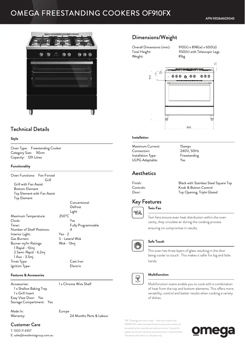 Page 1 of the manual Technical Sheet Omega OF910FX