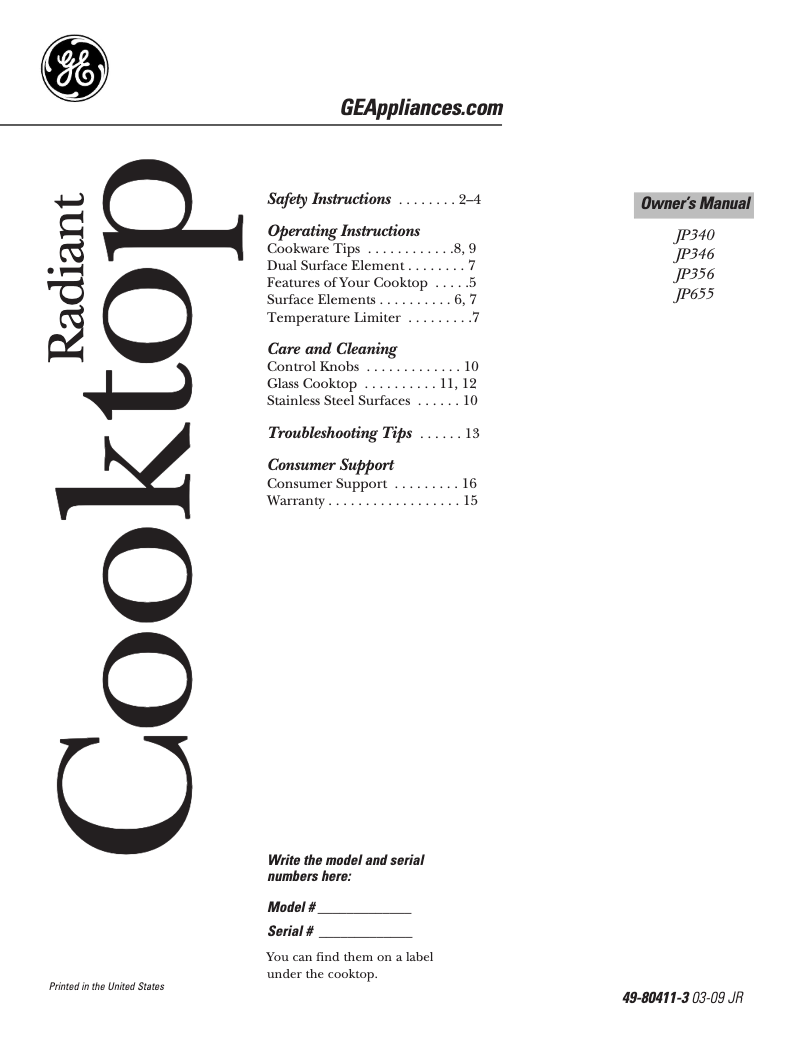 Page 1 of the manual Use and Maintenance Manual GE JP340BABB