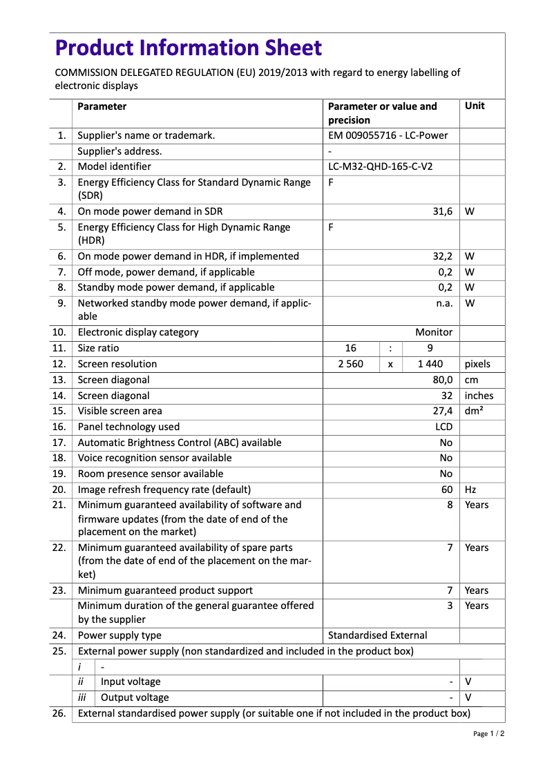 Page 1 of the manual Technical Sheet LC-Power LC-M32-QHD-165-C-V2