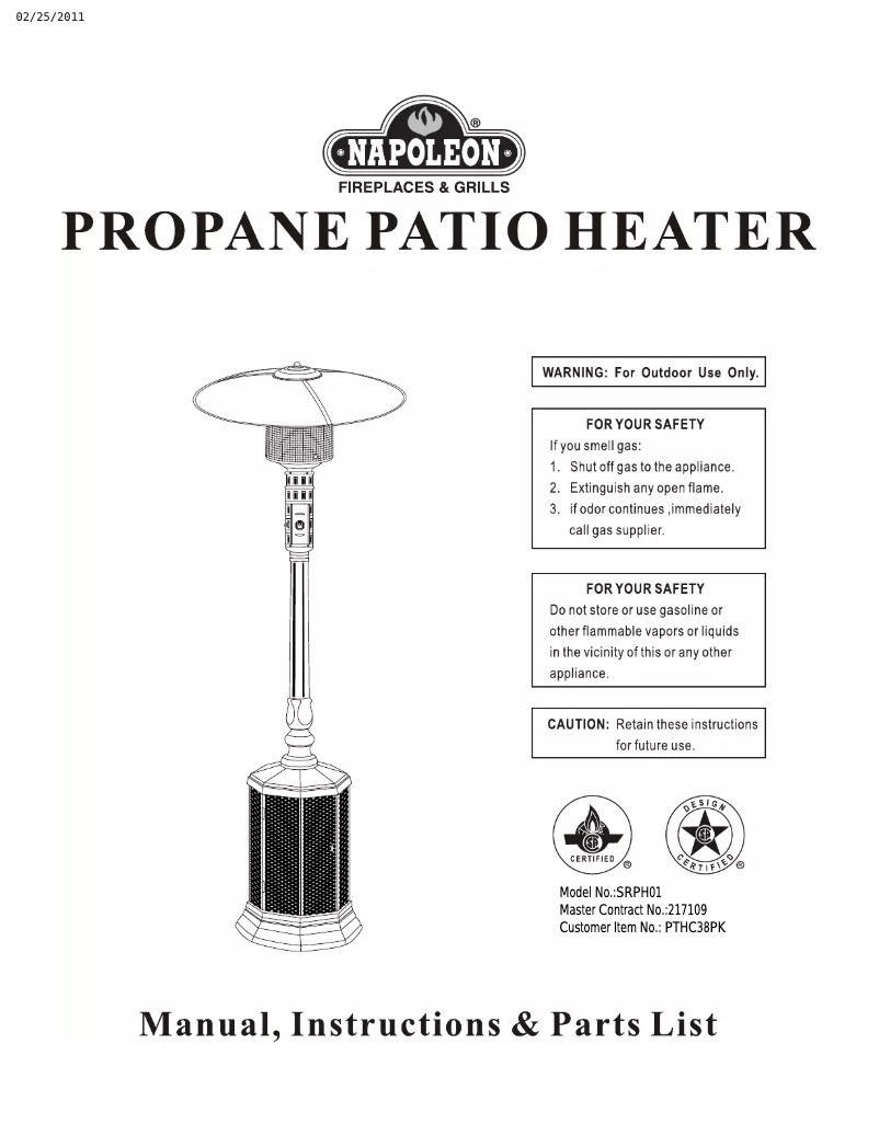Page 1 of the manual User Manual Napoleon PTHC38PK