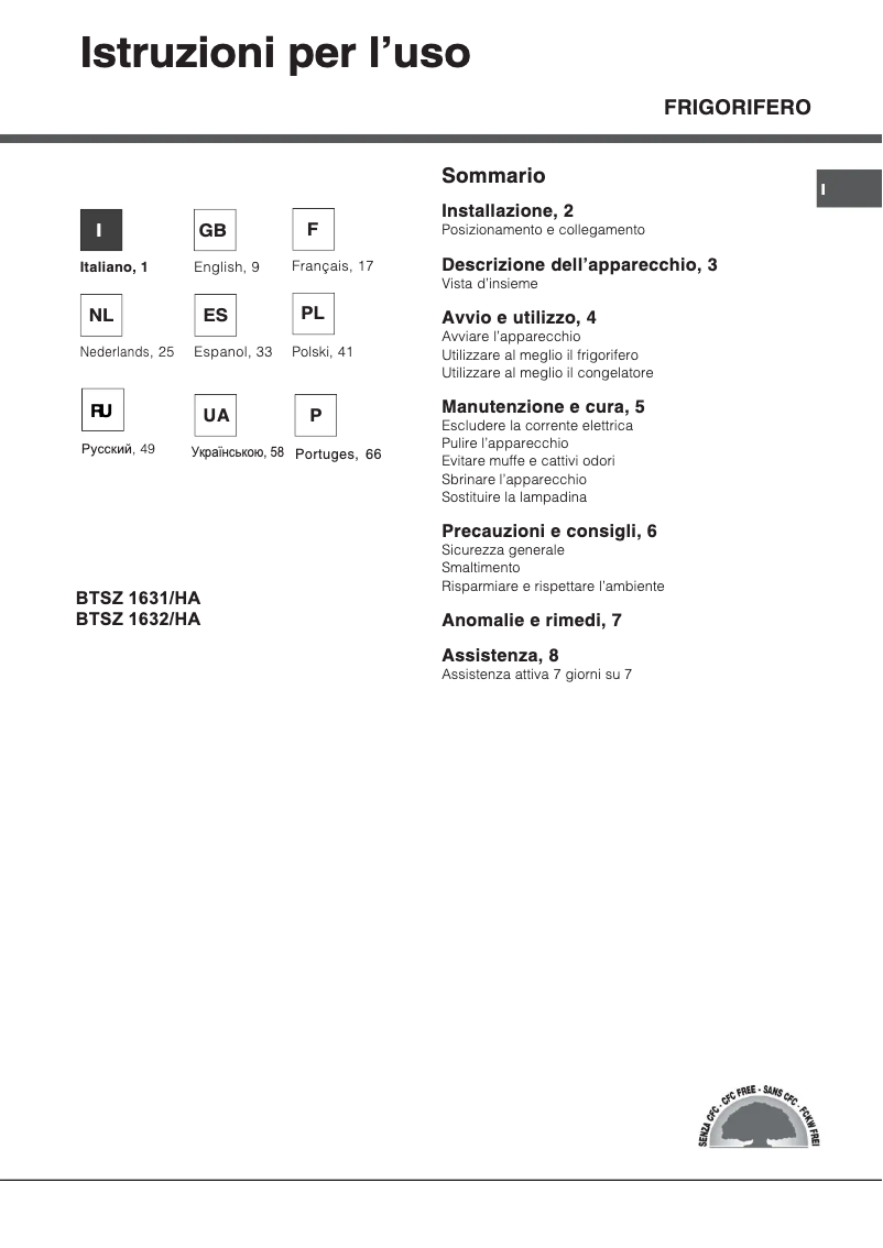 Page 1 of the manual User Manual Hotpoint BTSZ 1632/HA