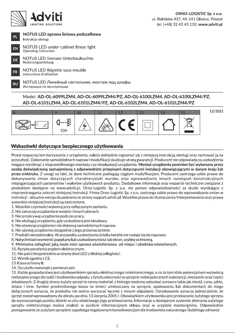 Page 1 of the manual User Manual Adviti AD-OL-6099LZM4/PZ