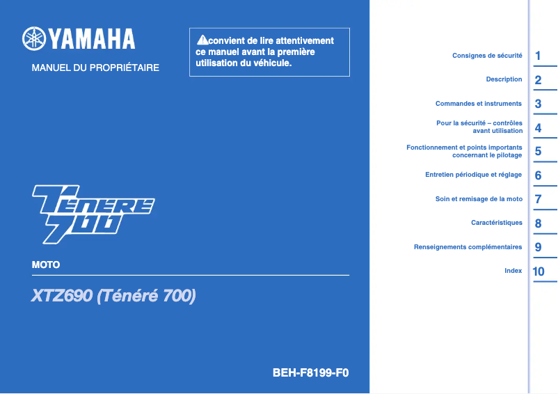 First page image of the manual for Tenere 700 (2021)