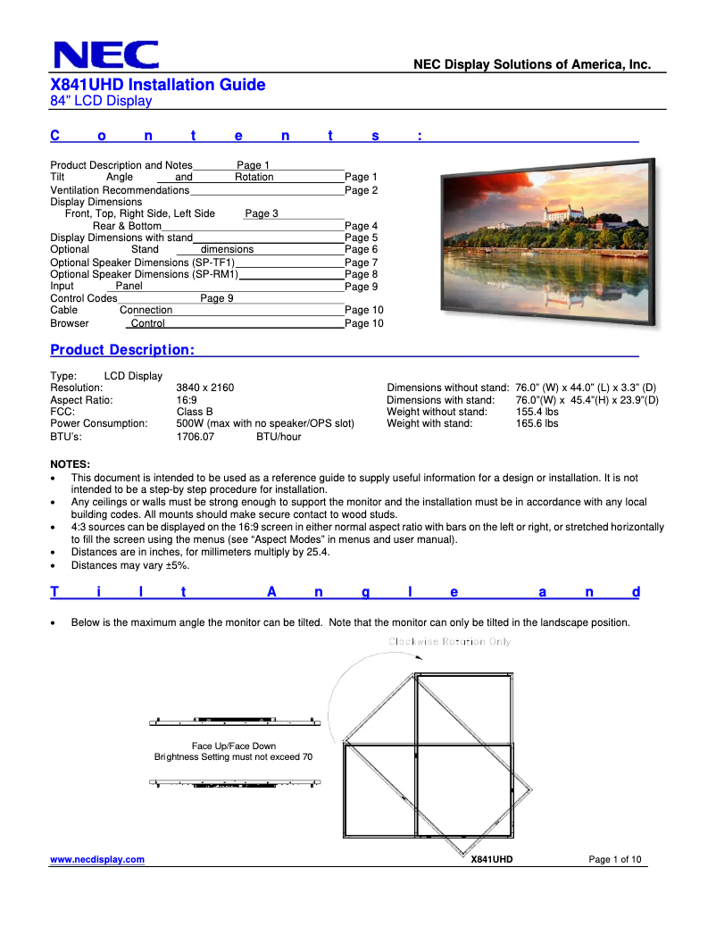 First page image of the manual for MultiSync X841UHD-AVT2
