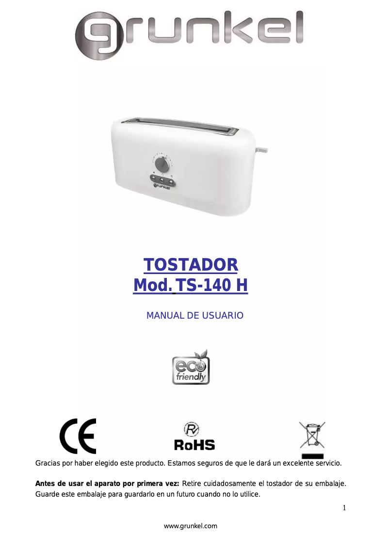 Page 1 of the manual User Manual Grunkel TS-140H