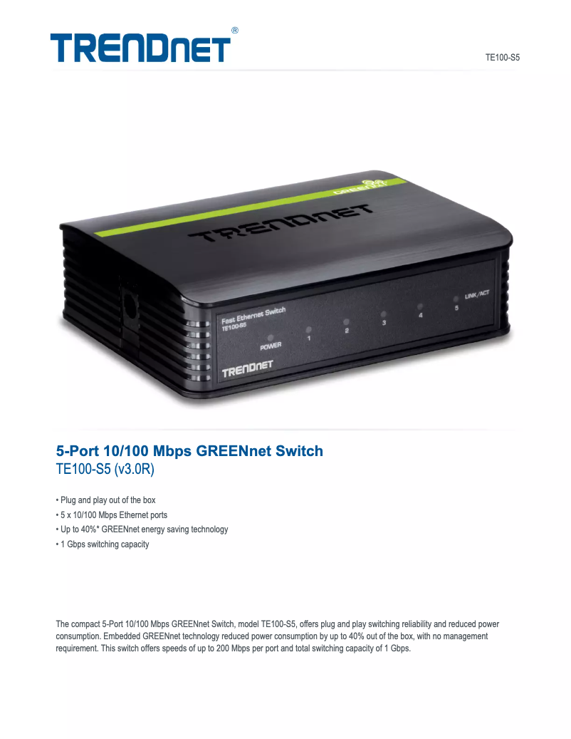 Page 1 of the manual Brochure TRENDnet TE100-S5