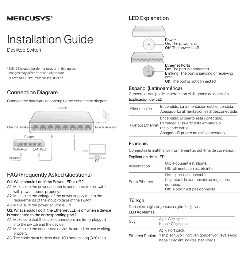 Page 1 de la notice Guide d'installation Mercusys MS108GS