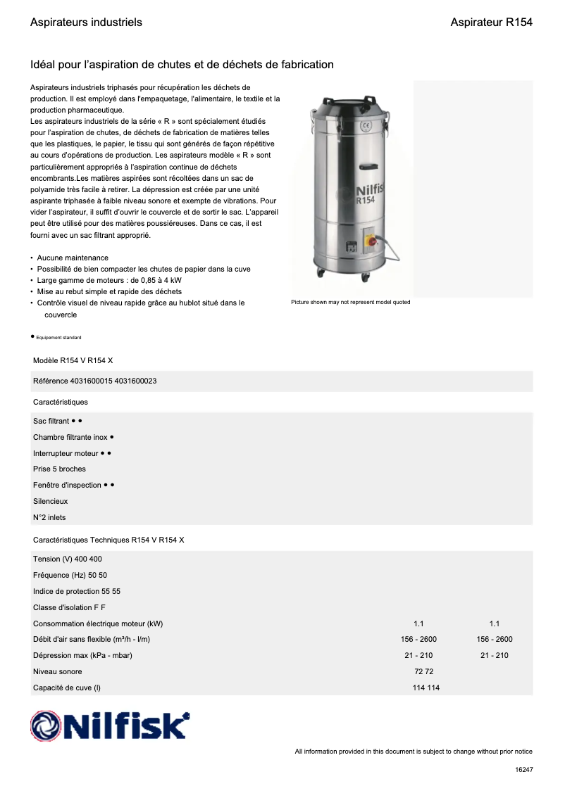Page 1 of the manual Technical Sheet Nilfisk R154