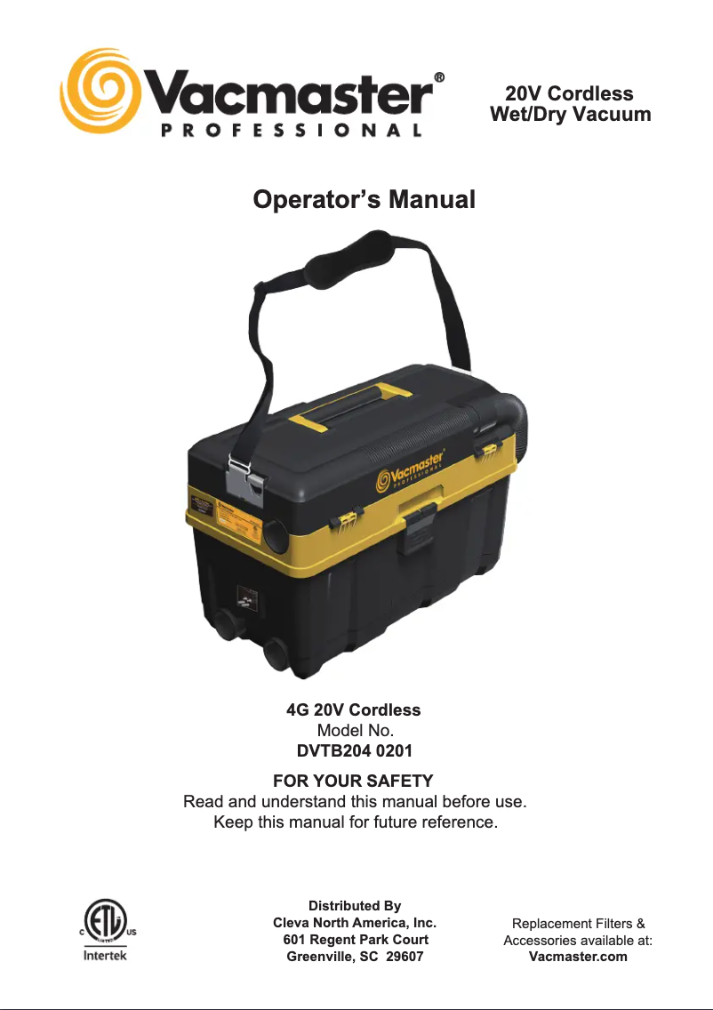 Page 1 of the manual User Manual Vacmaster Professional DVTB204 0201