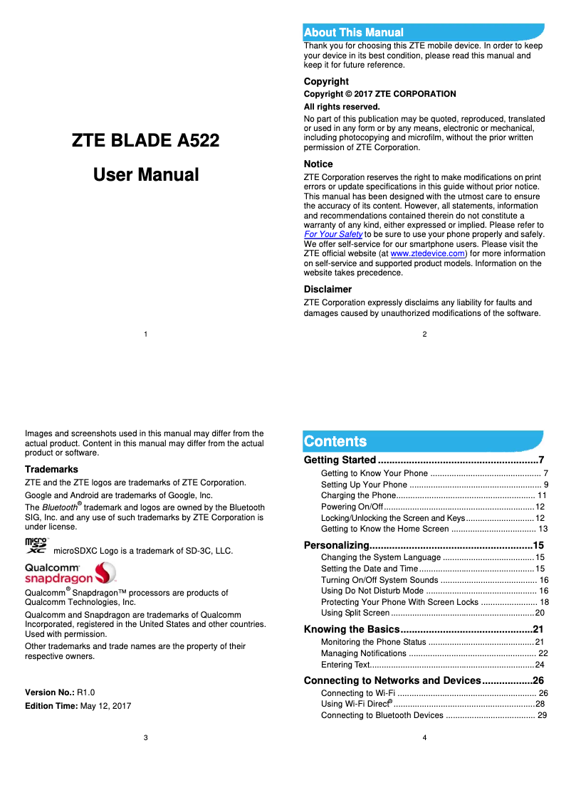Page 1 of the manual User Manual ZTE Blade A522
