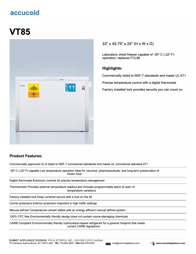 First page image of the manual for Accucold VT85