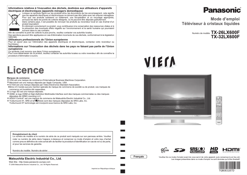 First page image of the manual for Viera TX-32LX600F