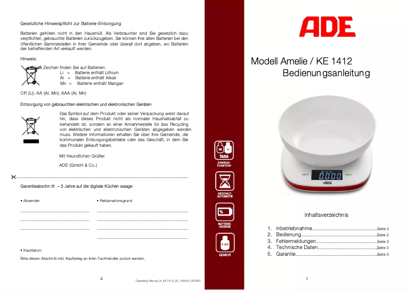 First page image of the manual for Amelie KE 1412