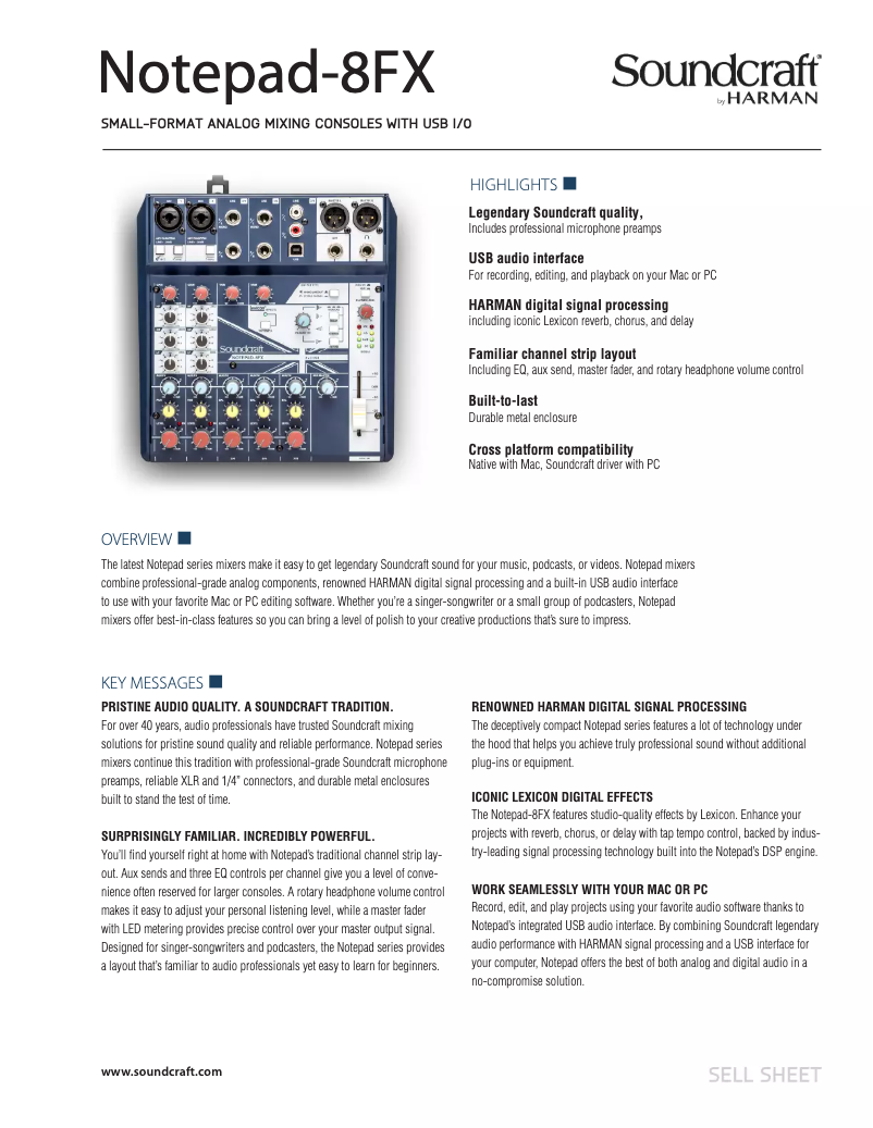 Page 1 of the manual Technical Sheet Soundcraft Notepad-8FX
