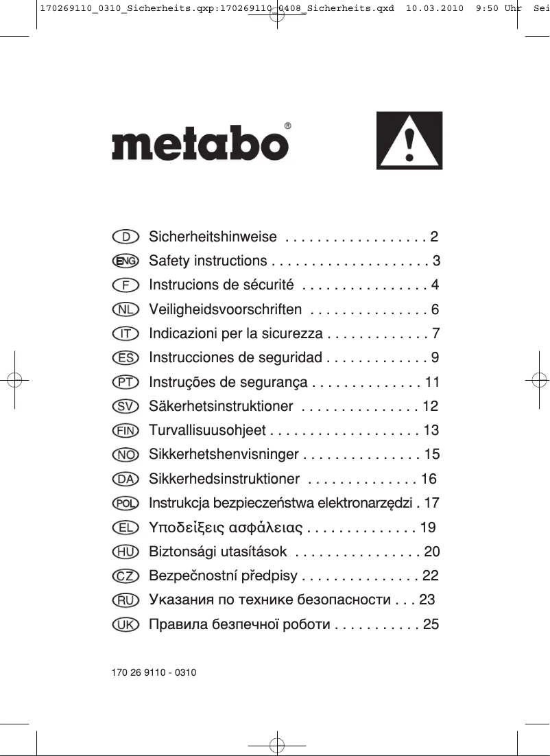 Page 1 of the manual User Manual Metabo HS 8555