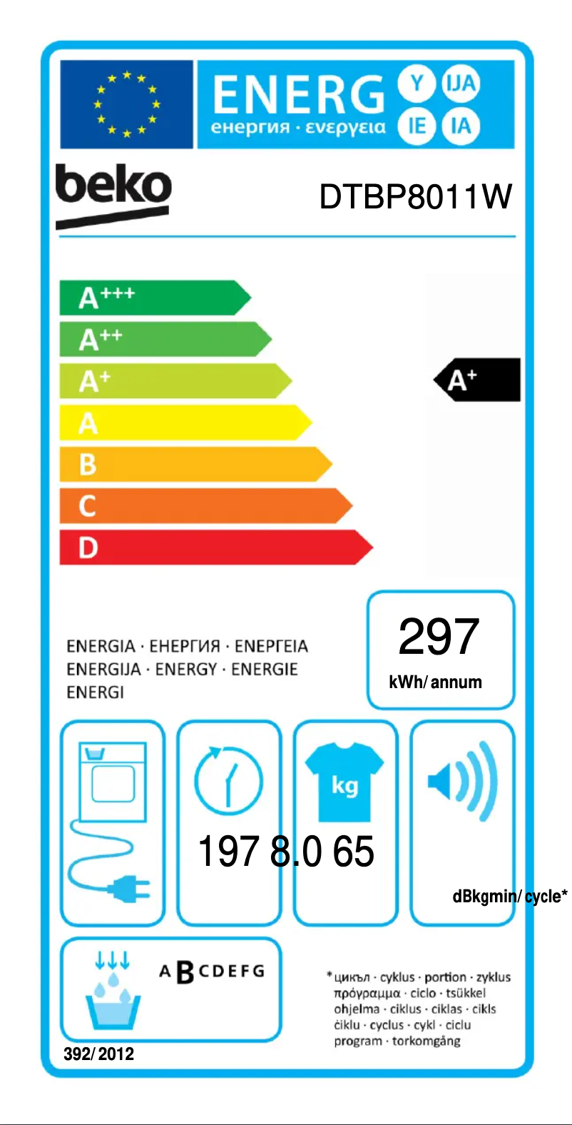 Page 1 of the manual Energy Label Beko DTBP8011