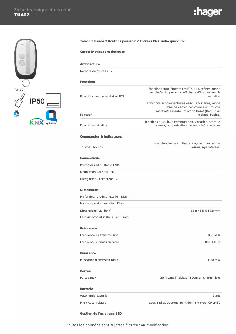 Page 1 of the manual Technical Sheet Hager TU402