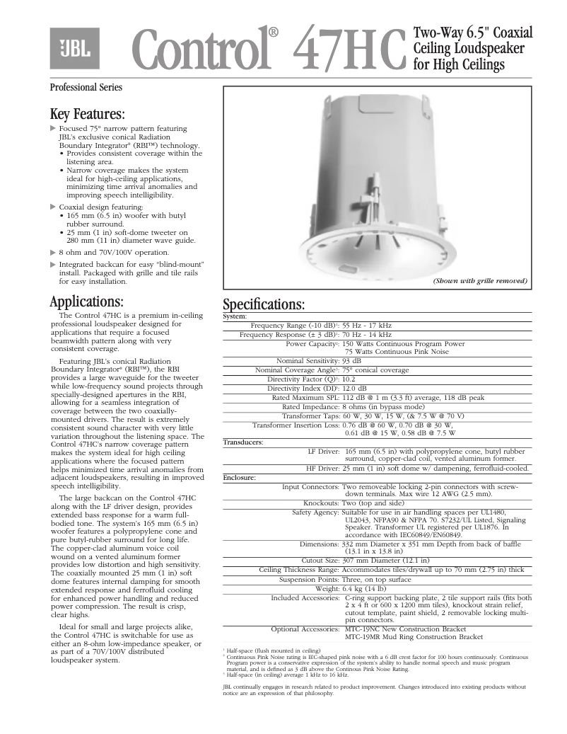 Page 1 of the manual Brochure JBL Control 47HC