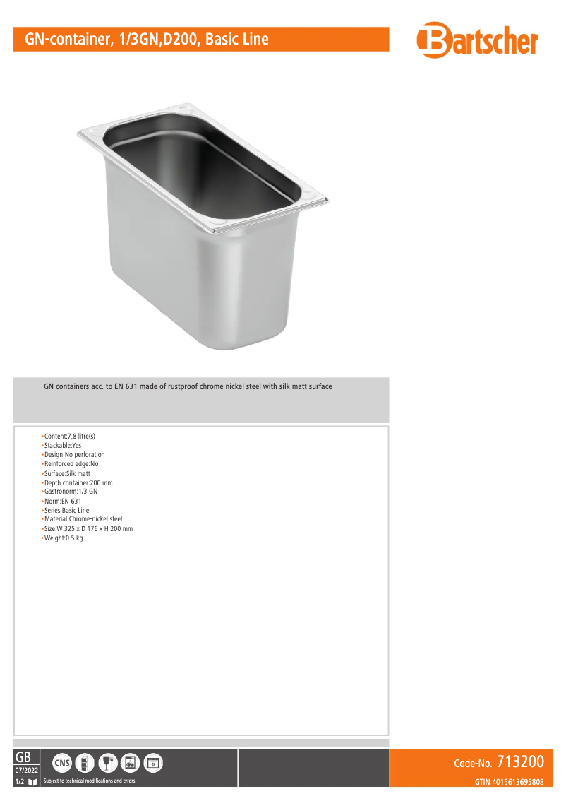 Page 1 of the manual Technical Sheet Bartscher 200233