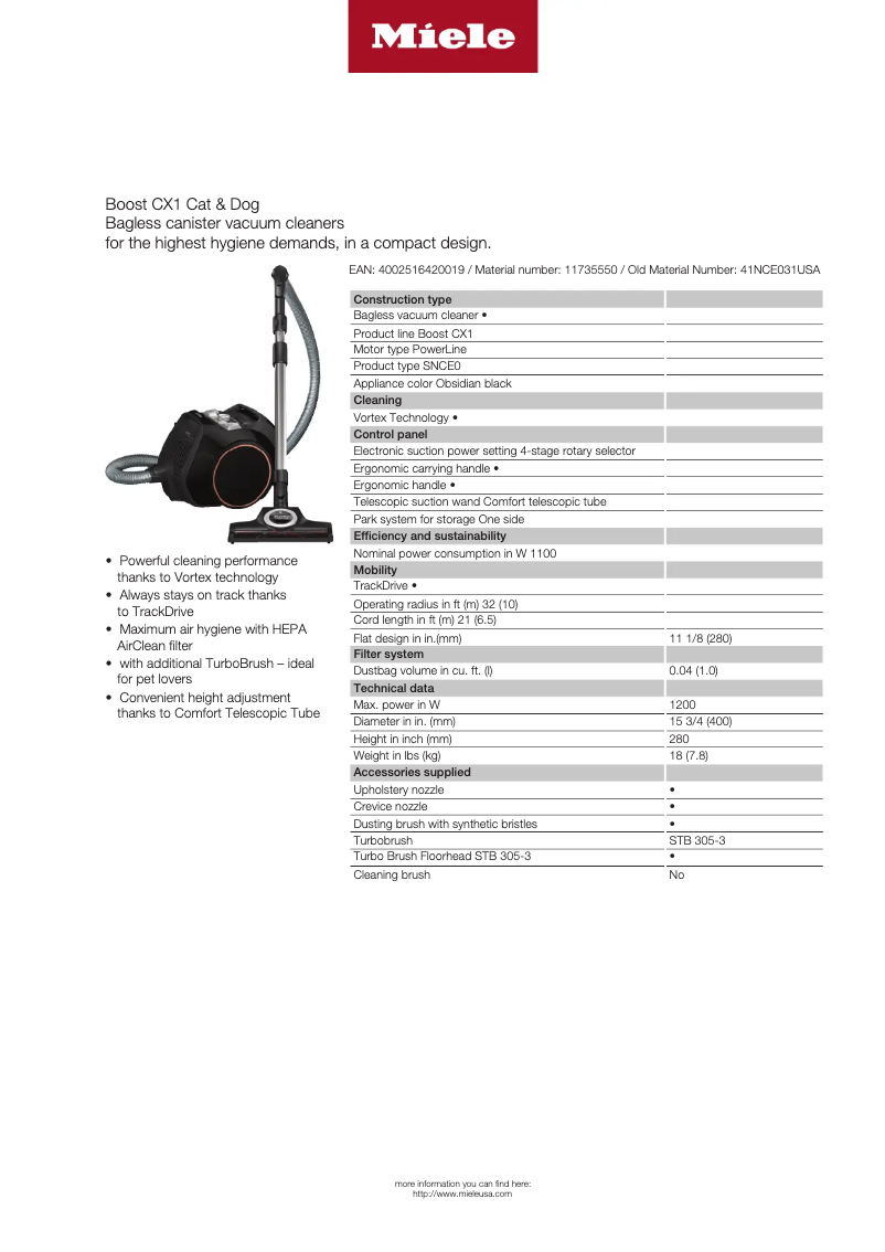 Page 1 of the manual Technical Sheet Miele Boost CX1 Cat & Dog