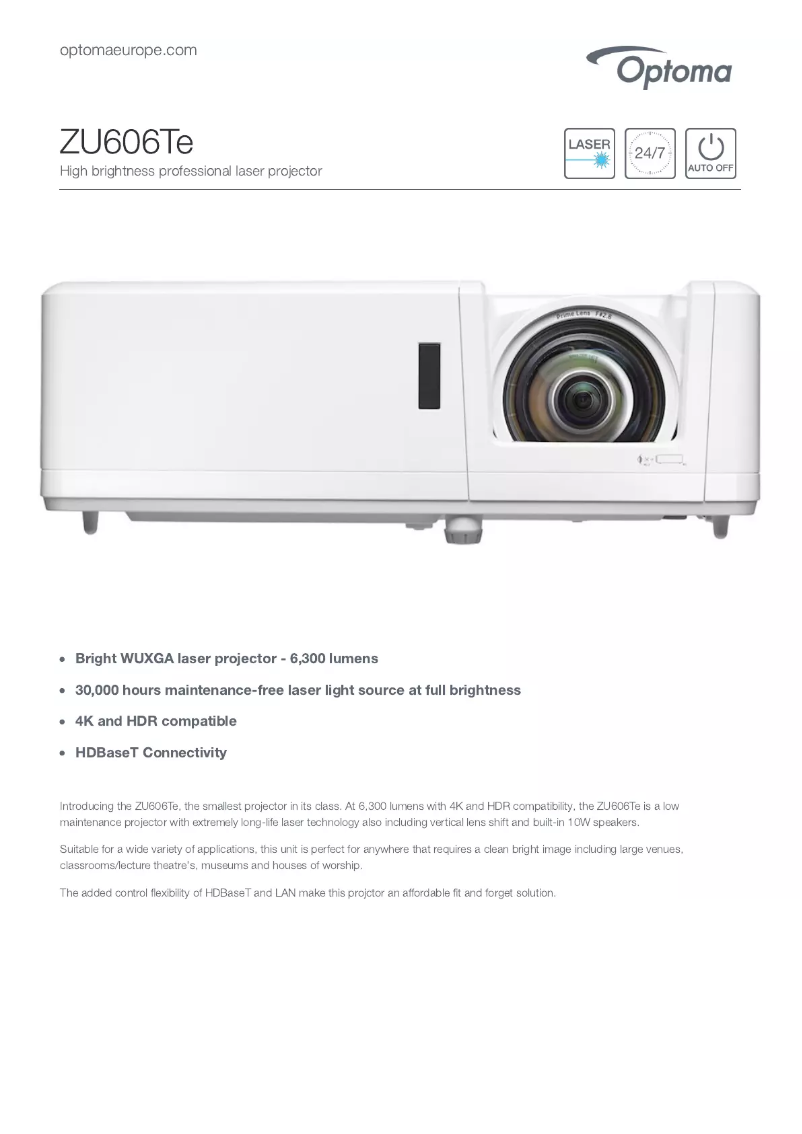 Page 1 of the manual Technical Sheet Optoma ZU606Te