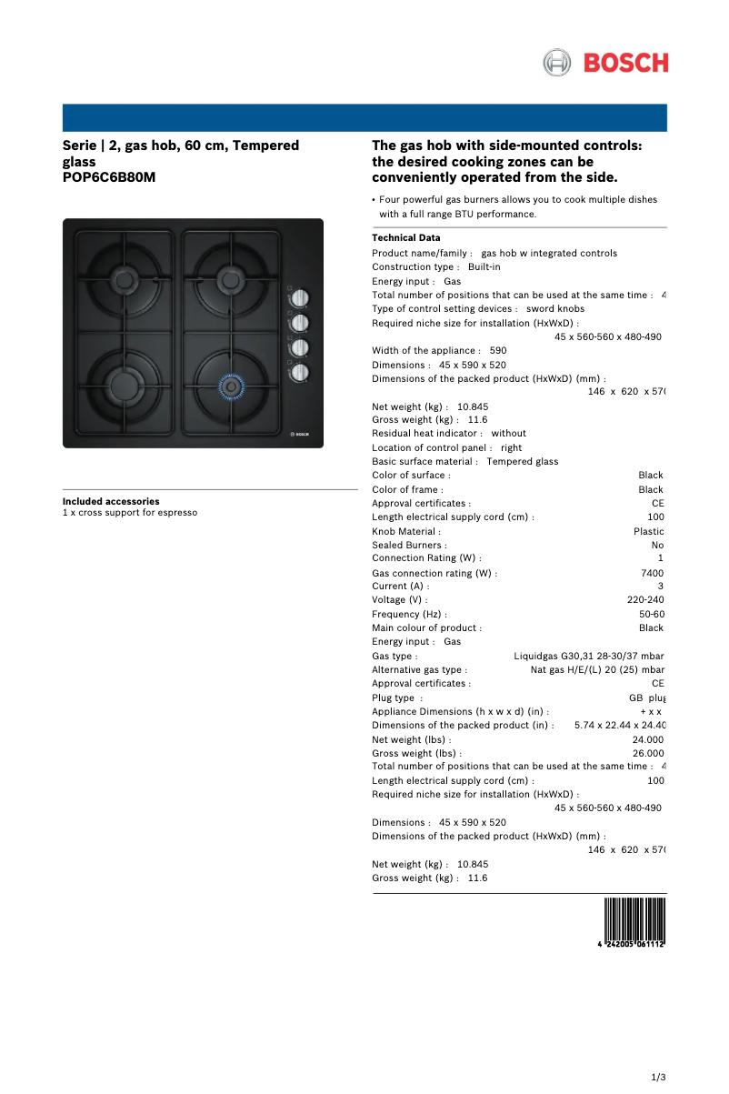 Page 1 of the manual Technical Sheet Bosch POP6C6B80M