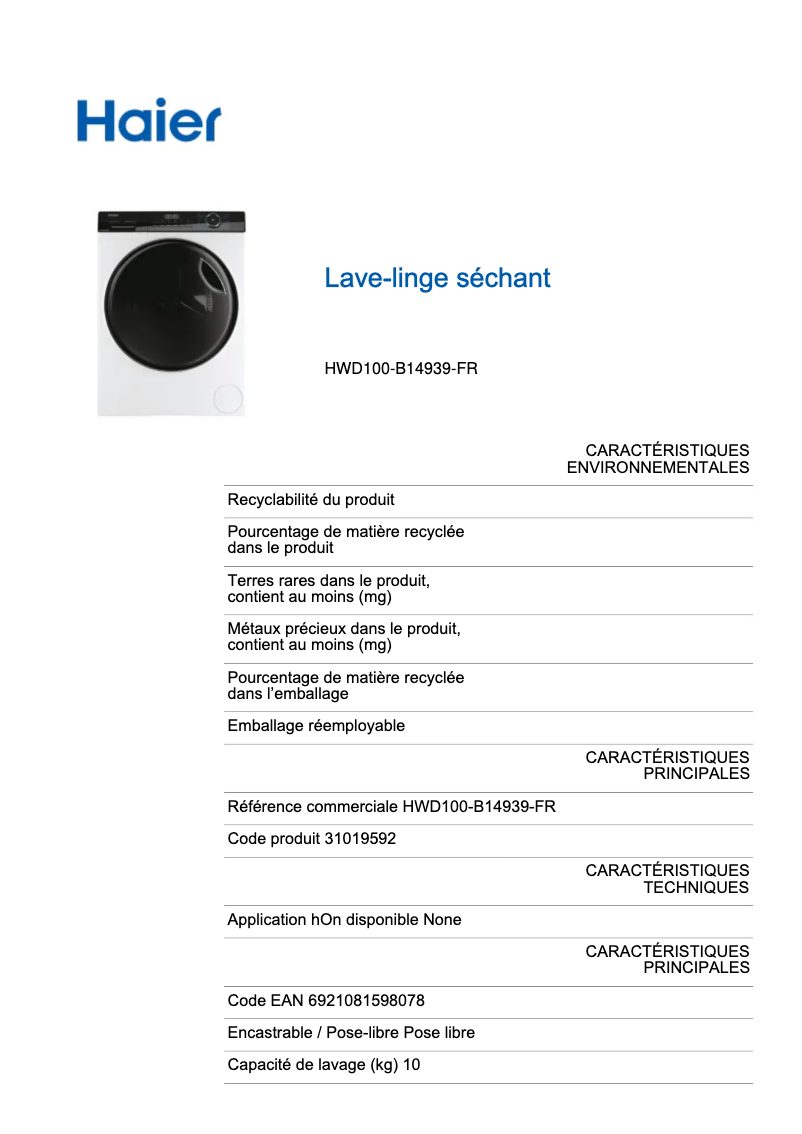 Page 1 of the manual Energy Label Haier HWD100-B14939