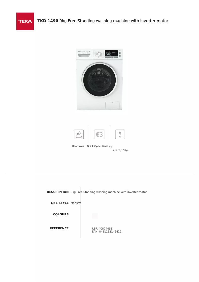 Page 1 of the manual Technical Sheet Teka TKD 1490