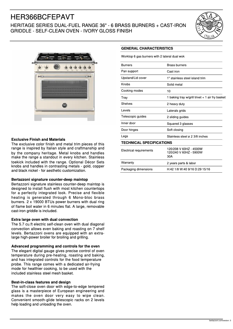 Page 1 of the manual Technical Sheet Bertazzoni HER366BCFEPAVT