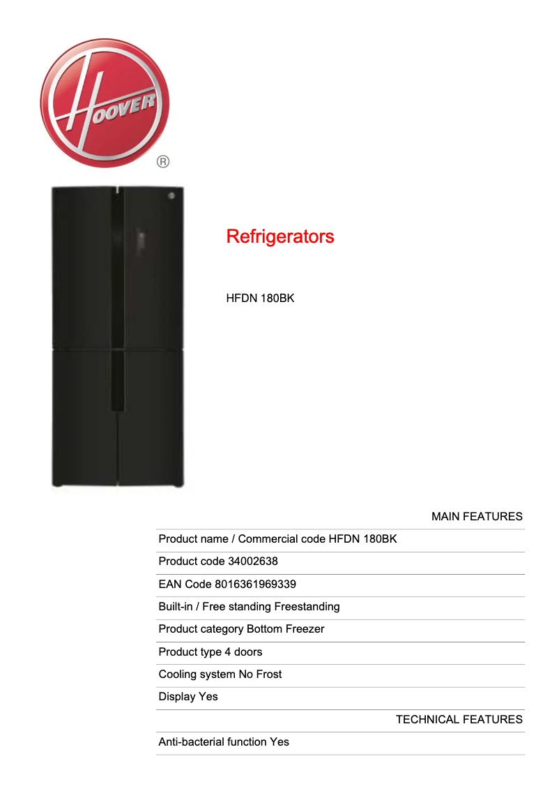 First page image of the manual for HFDN 180BK