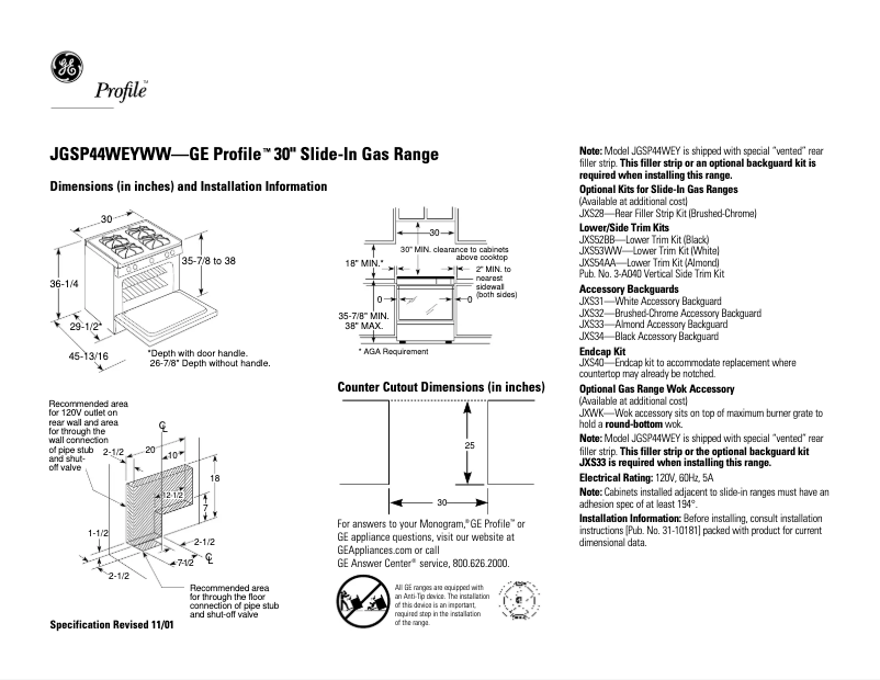 Page 1 of the manual Technical Sheet GE Profile JGSP44WEYWW