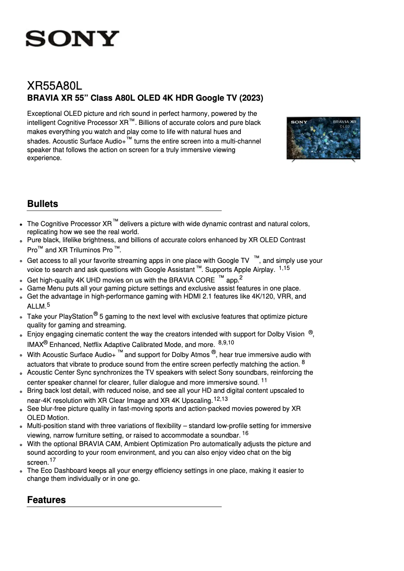 Page 1 of the manual Technical Sheet Sony XR-55A80L