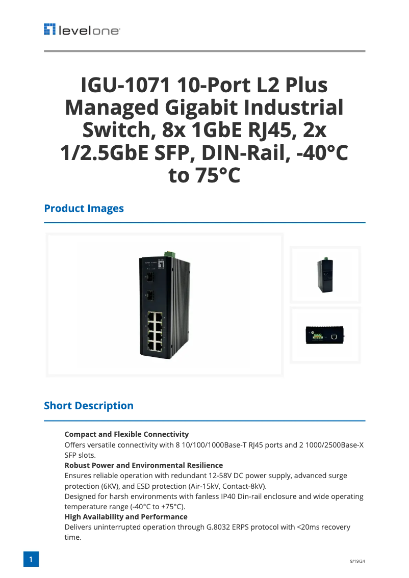Page 1 of the manual Technical Sheet LevelOne IGU-1071