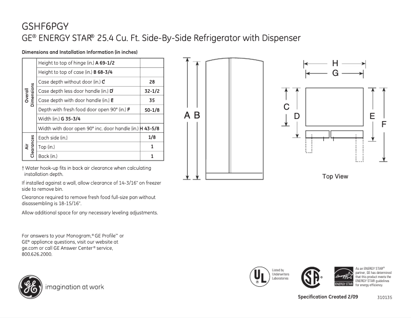 Page 1 of the manual Technical Sheet GE GSHF6PGYBB