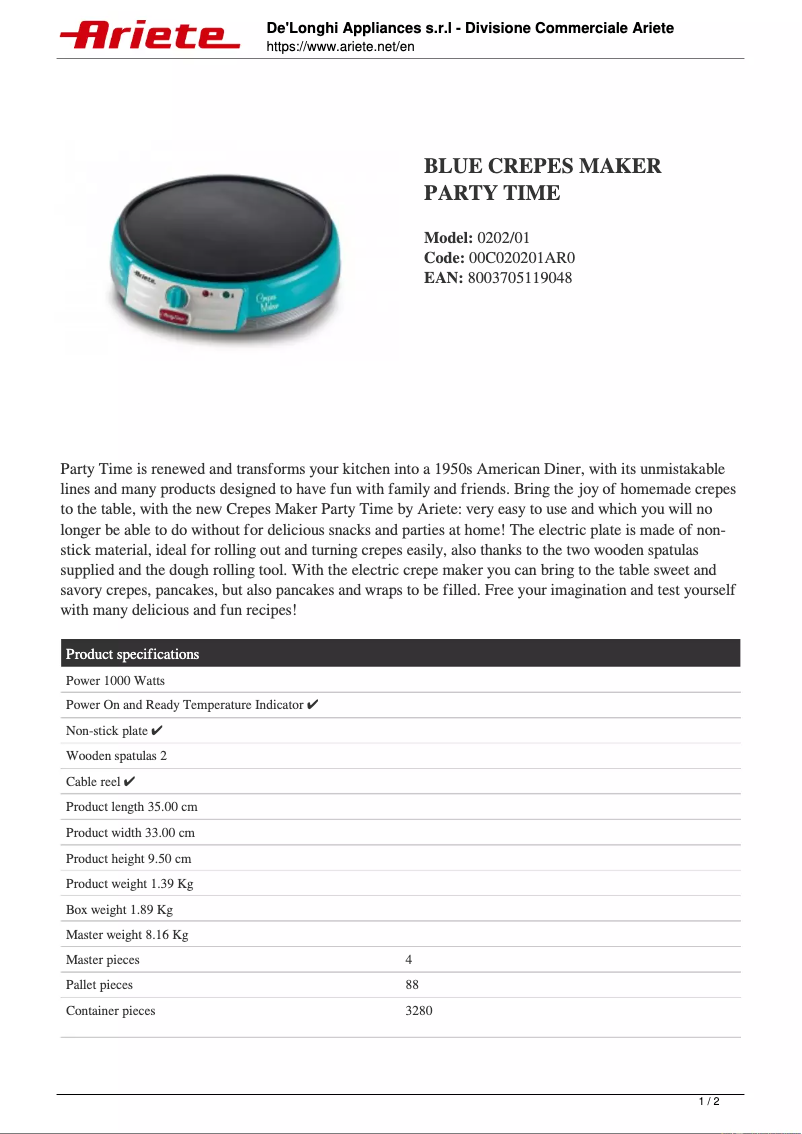 Page 1 of the manual Technical Sheet Ariete Crepes Maker Party Time 0202