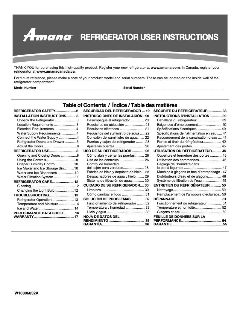 Page 1 of the manual Use and Maintenance Manual Amana AFI2539ER