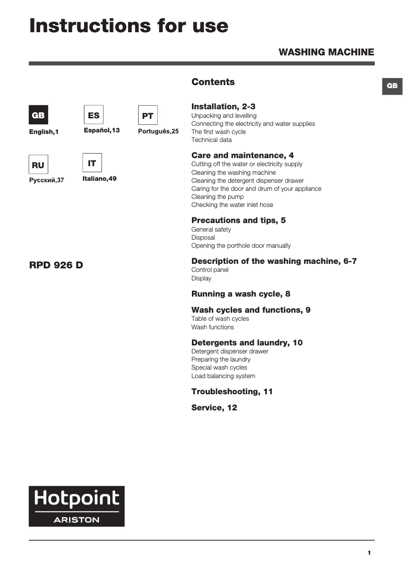 First page image of the manual for RPD 926 DD EU