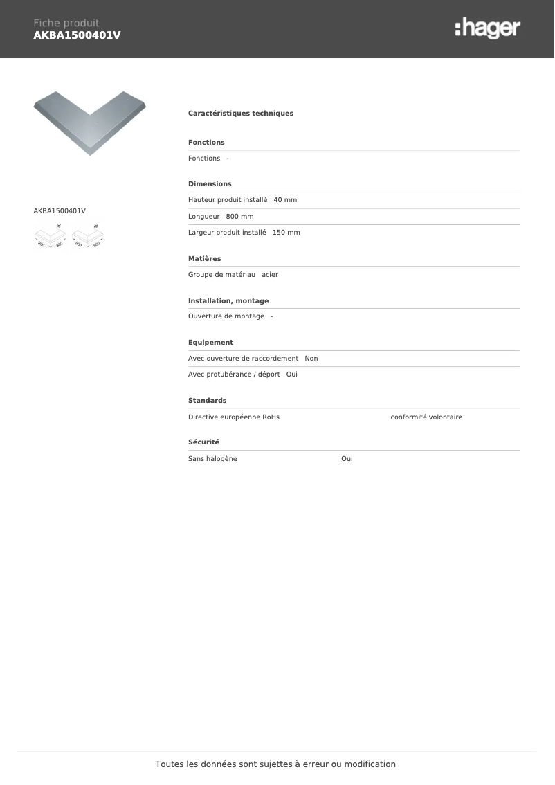 Page 1 of the manual Technical Sheet Hager AKBA1500401V