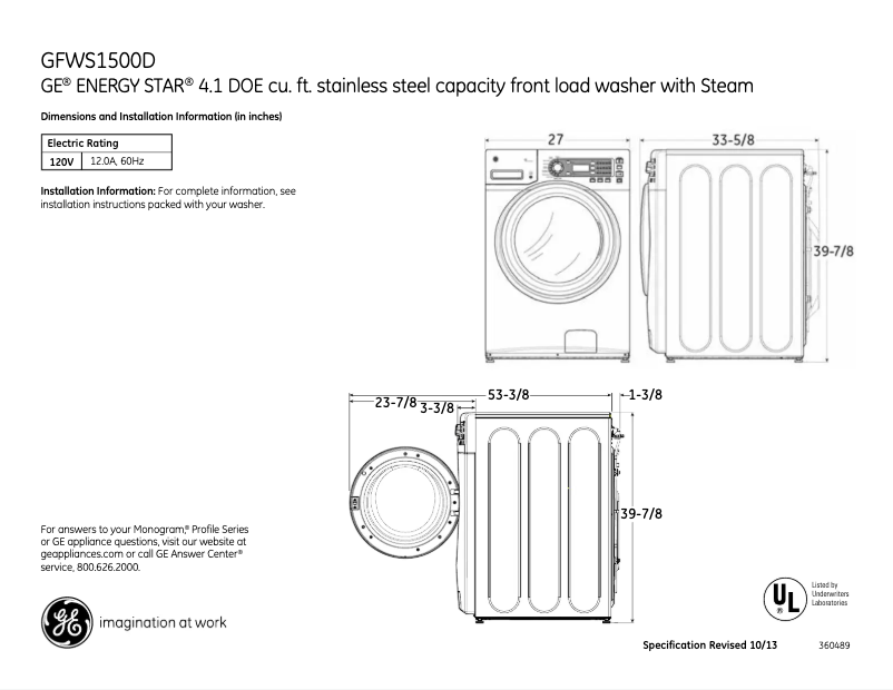 First page image of the manual for GFWS1500DWW