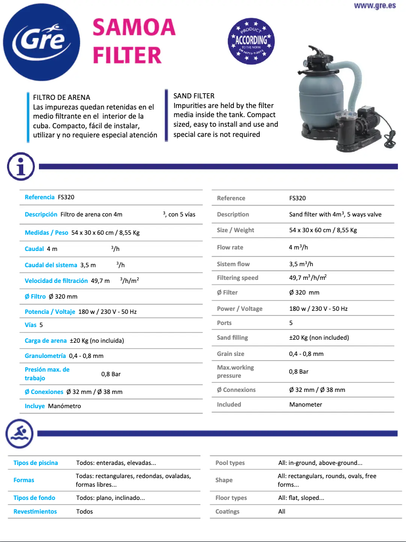Page 1 of the manual Technical Sheet Gre FS320