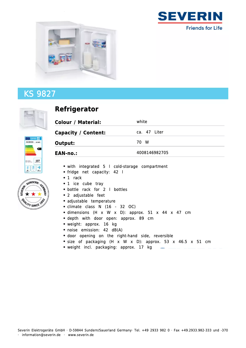 Page 1 of the manual Technical Sheet Severin KS 9827