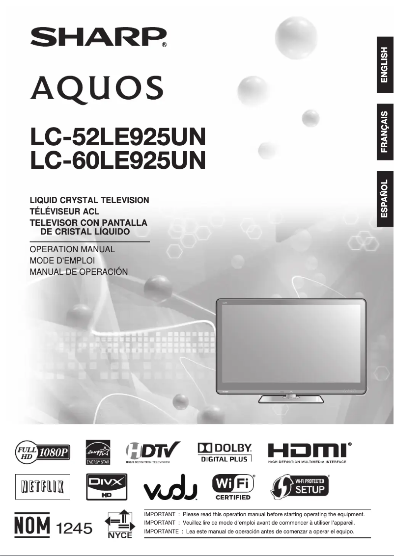 Page 1 of the manual User Manual Sharp AQUOS LC-52LE925UN