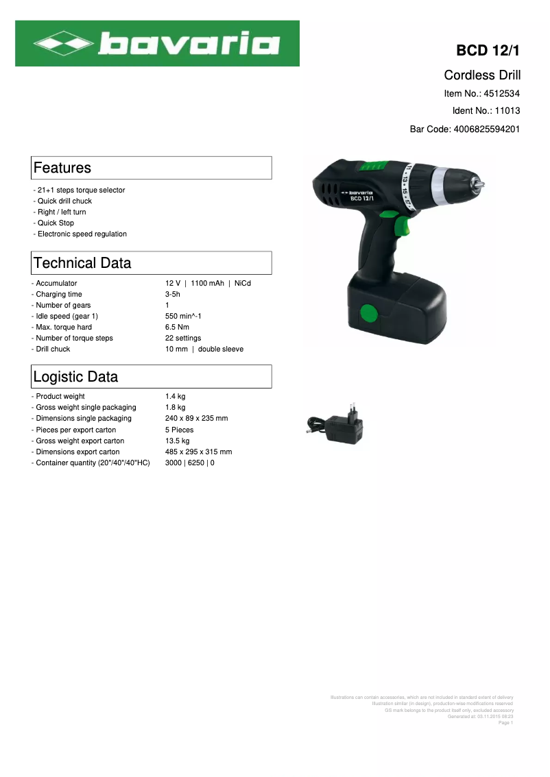 Page 1 of the manual Technical Sheet Bavaria BCD 12/1