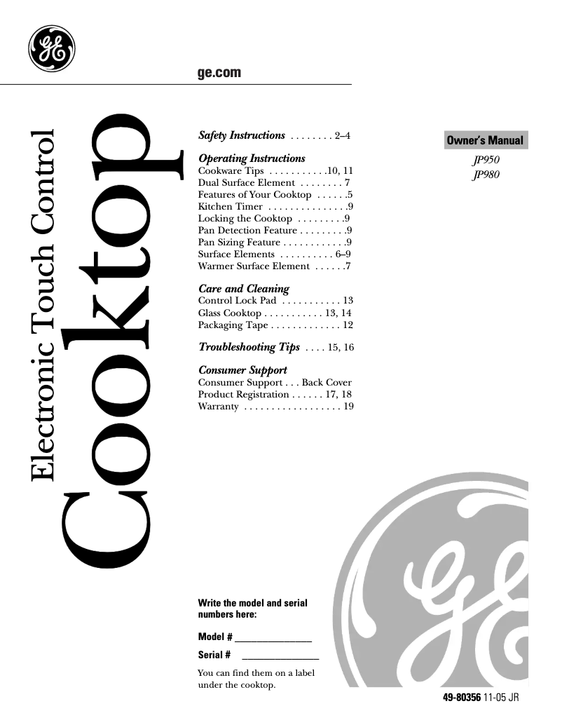 First page image of the manual for JP980WKWW