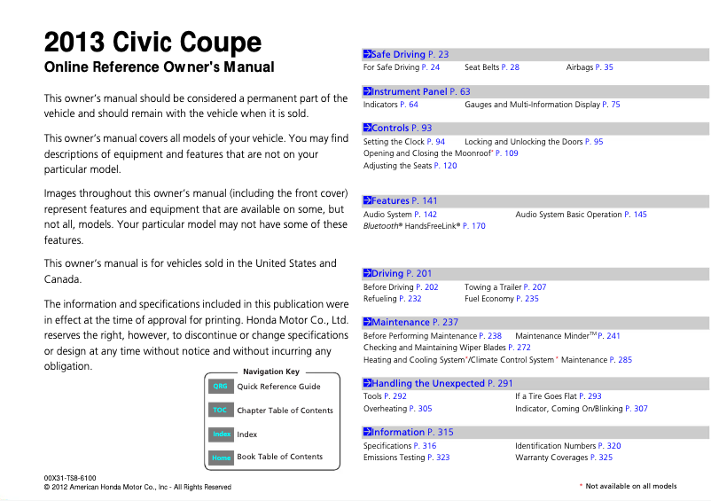 Page 1 of the manual User Manual Honda Civic Sedan (2013)