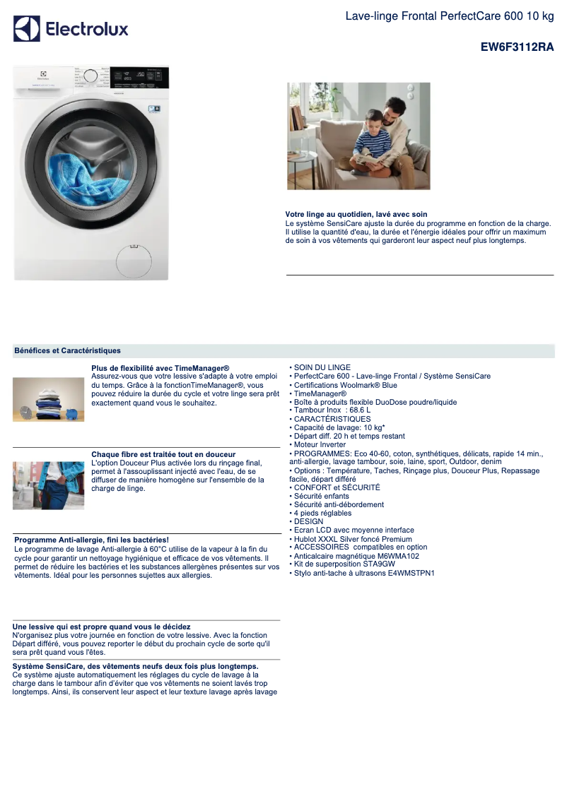 Page 1 of the manual Technical Sheet Electrolux EW6F3112RA
