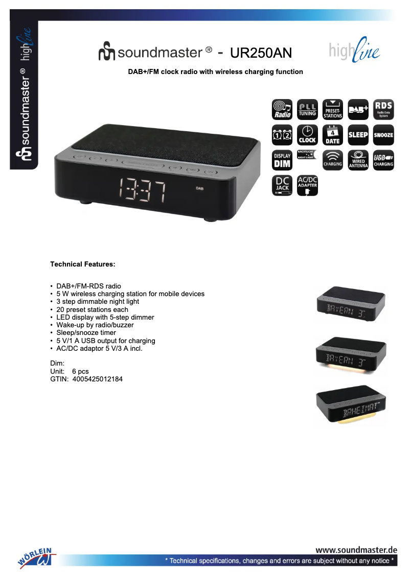Page 1 of the manual Technical Sheet Soundmaster UR250